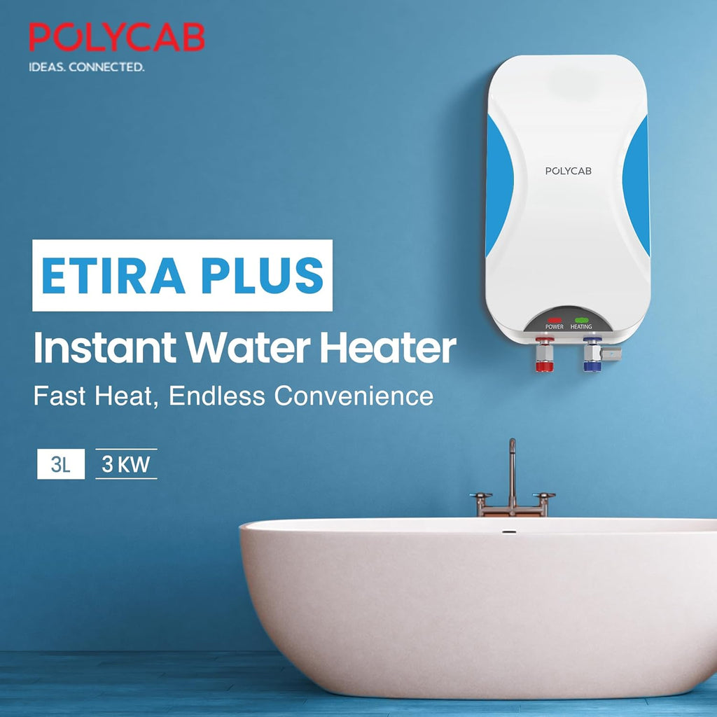 Polycab Etira Plus 3 Litre, 3Kw Electric Wall Mount Instant Geyser (Water Heater) For Home, Bathroom|Efficient Heating Element|Enhanced Safety Measures|Versatile Usage|Durable Engineered Body?White?