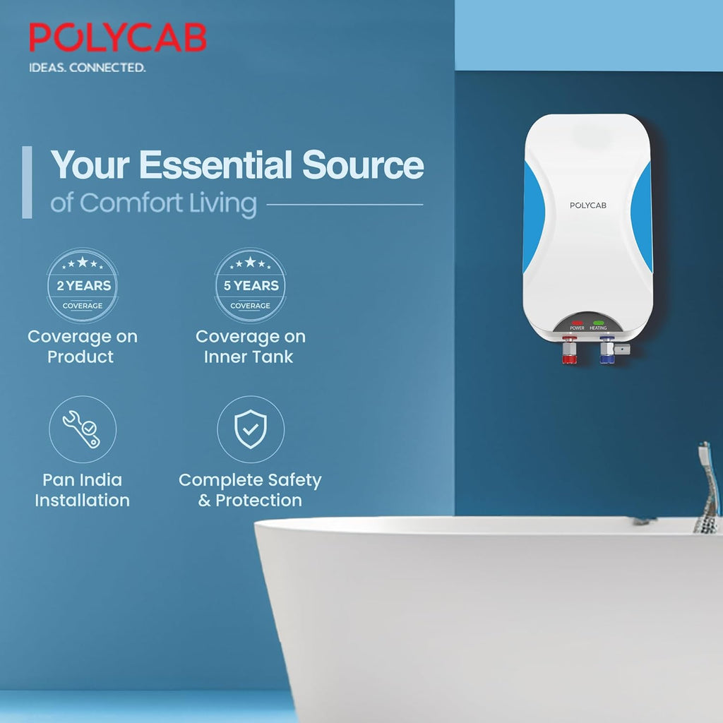 Polycab Etira Plus 3 Litre, 3Kw Electric Wall Mount Instant Geyser (Water Heater) For Home, Bathroom|Efficient Heating Element|Enhanced Safety Measures|Versatile Usage|Durable Engineered Body?White?