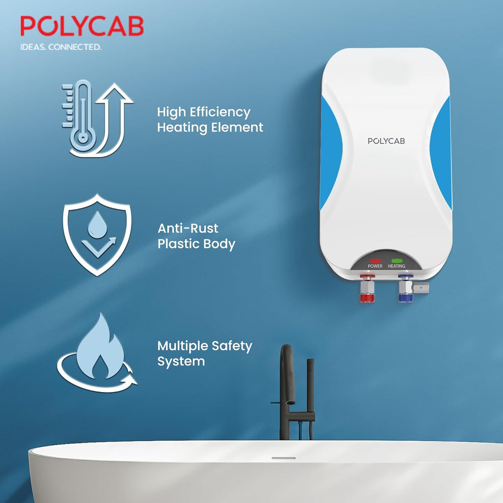 Polycab Etira Plus 3 Litre, 3Kw Electric Wall Mount Instant Geyser (Water Heater) For Home, Bathroom|Efficient Heating Element|Enhanced Safety Measures|Versatile Usage|Durable Engineered Body?White?
