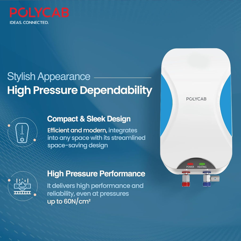 Polycab Etira Plus 3 Litre, 3Kw Electric Wall Mount Instant Geyser (Water Heater) For Home, Bathroom|Efficient Heating Element|Enhanced Safety Measures|Versatile Usage|Durable Engineered Body?White?